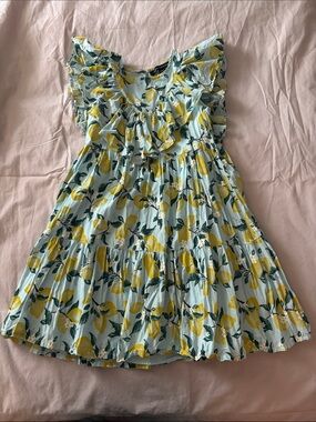 French Connection Lemon Print Ruffle Dress - Yellow & Light Blue